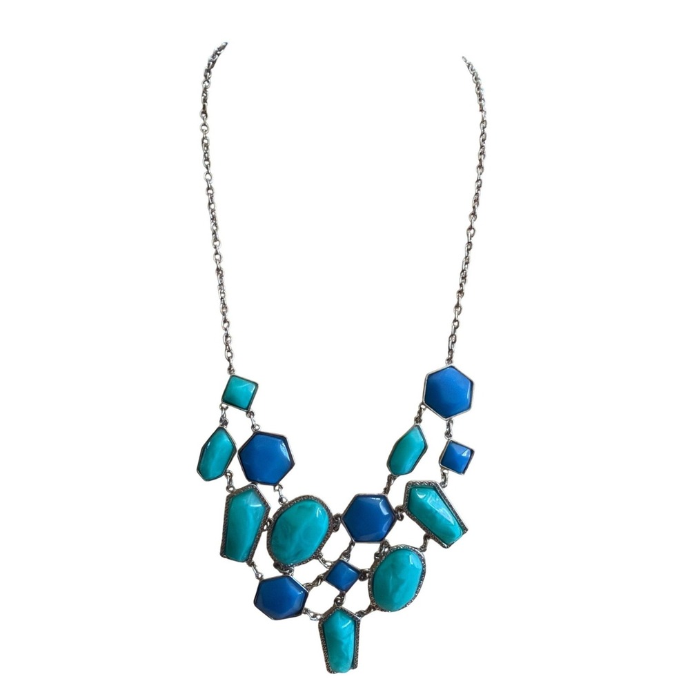 Geometric Blue Teal Resin Bib Statement Necklace Silver‎ Tone Mosaic Cabochon